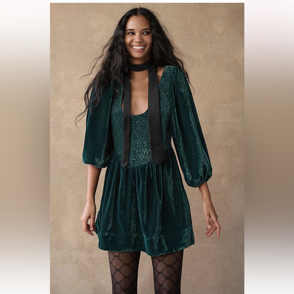 Free People Farrier Velvet Mini Dress Green long sleeve Small